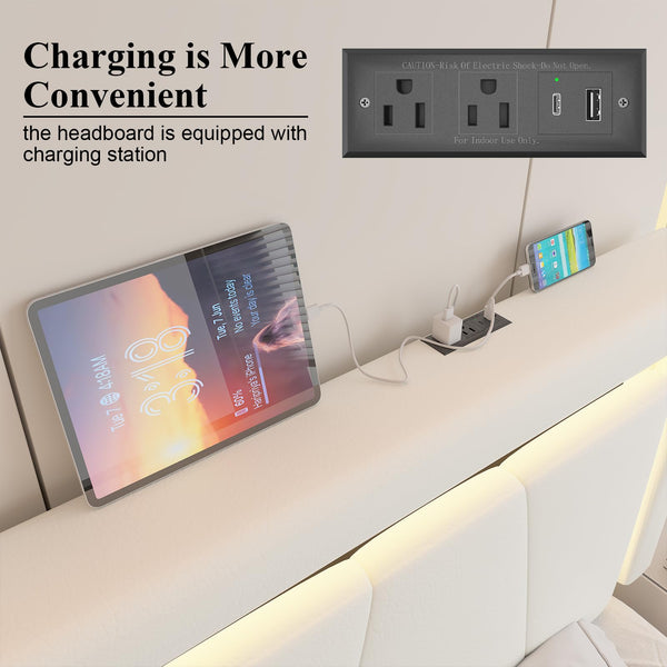 Upholstered Platform Bed Frame with LED Headboard, Storage Drawers & Charging Station