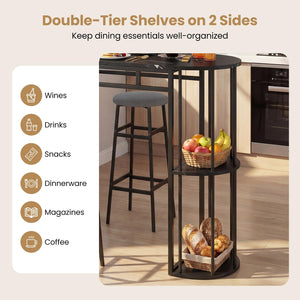 Bar Table Set for 2 with Storage Shelves & Barstools