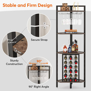 4-Tier Industrial Corner Wine Rack with Glass Holders – Rustic Brown