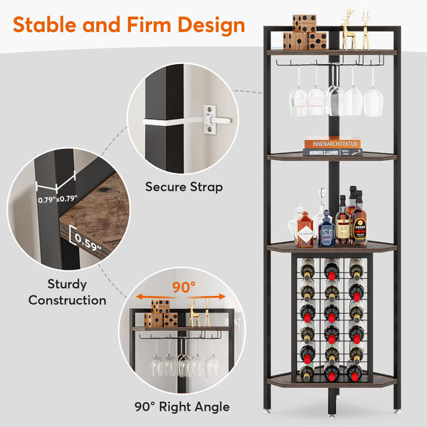 4-Tier Industrial Corner Wine Rack with Glass Holders – Rustic Brown