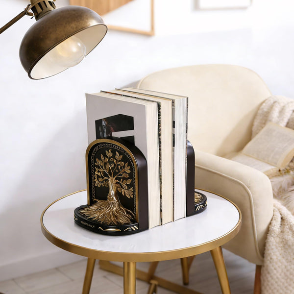 Tree of Life Bookends, Black Gold 2 Non-Skid Heavy Decorative Bookends for Shelves Or Bookcase, Elegant Bookends for Library Office Decor, Home Décor Gift