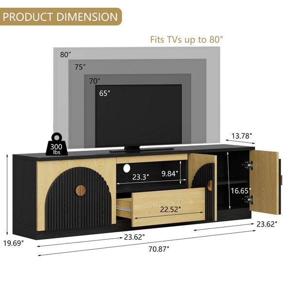 71 Inch Fluted TV Stand with Arched Doors & Storage