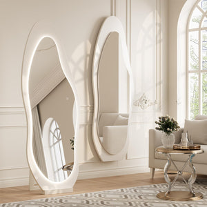 LED Full Length Wavy Floor Mirror with Wood Frame