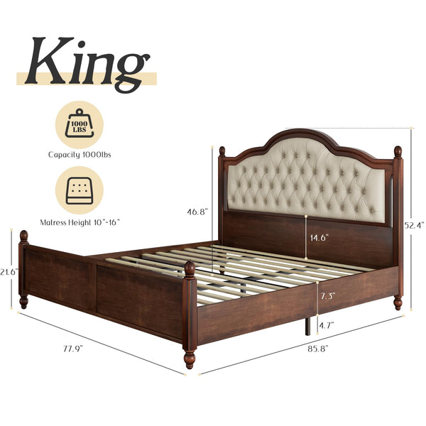 King Size Solid Wood Platform Bed with Upholstered Headboard – Walnut