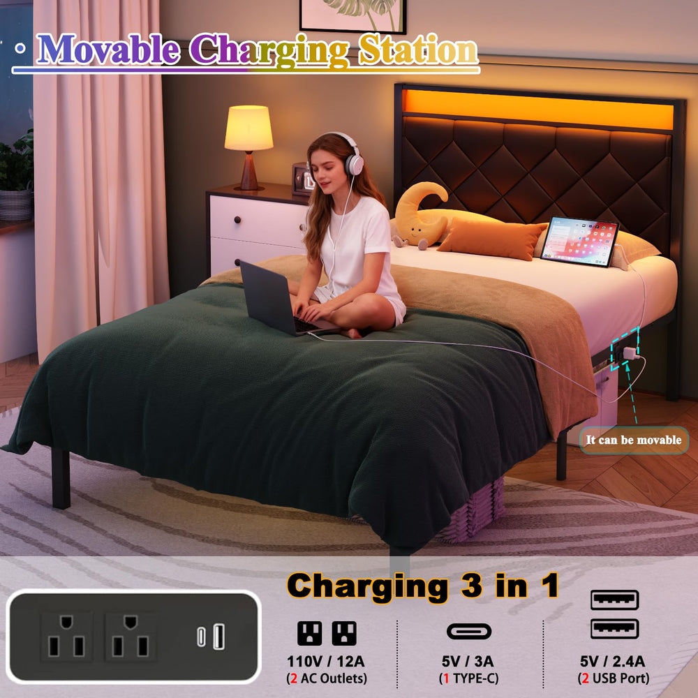 Twin Bed Frame with LED Lights, Charging Station & Upholstered Headboard