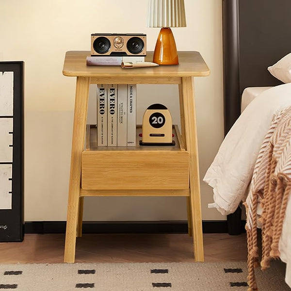 Mid-Century Modern Bamboo Nightstand with Drawer & Open Shelf