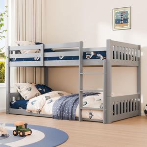Low Twin Over Twin Bunk Bed with Guardrails & Ladder