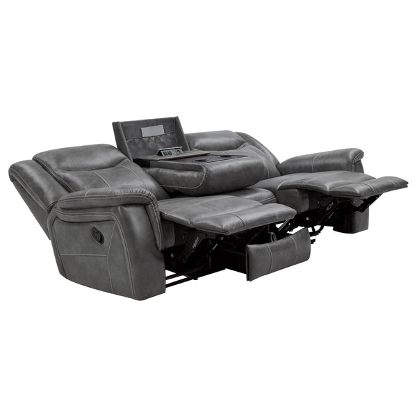 Grey Reclining Sofa with Power Outlet, Padded Headrests & Hidden Storage