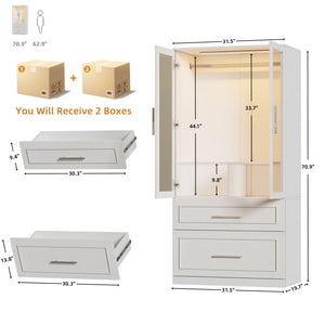 Armoire Wardrobe Closet with Glass Doors, Drawers & LED Light