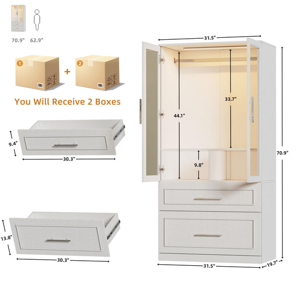 Armoire Wardrobe Closet with Glass Doors, Drawers & LED Light