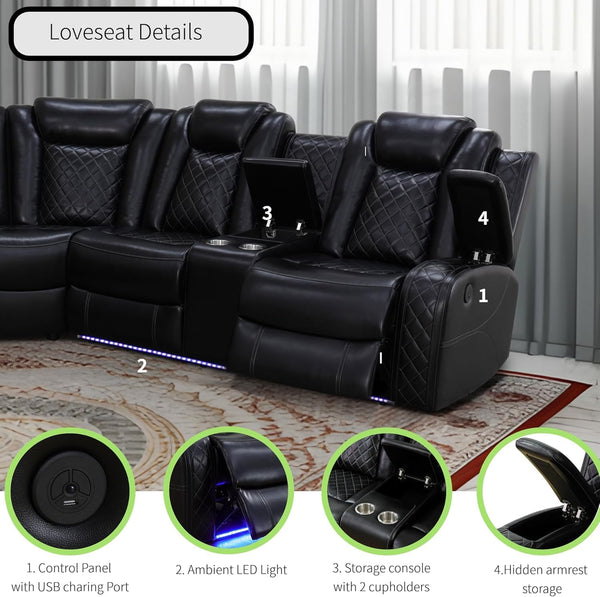 Power Recliner Sectional Sofa with LED Light & Storage Console