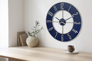Large Round Analog Wall Clock – Silver & Blue, 27 Inch