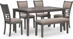 6-Piece Transitional Dining Table Set with Bench and Upholstered Chairs, Seats 6
