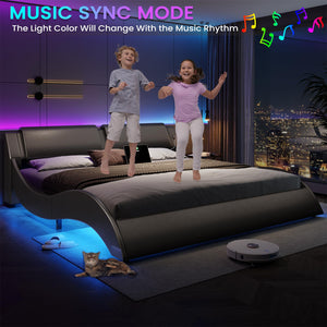 California King LED Bed Frame with USB Ports | Faux Leather Low Profile Platform Bed