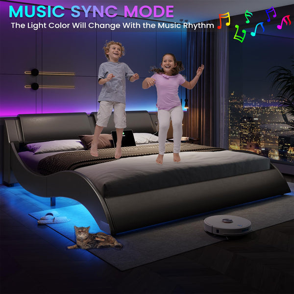 California King LED Bed Frame with USB Ports | Faux Leather Low Profile Platform Bed