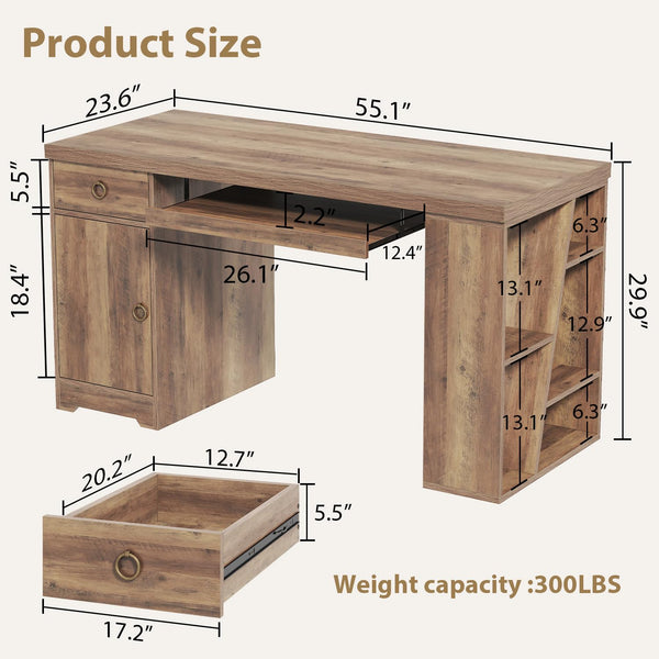 55 Inch Farmhouse Executive Desk with Drawers, Keyboard Tray & Storage Shelves