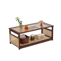 Rattan Glass Coffee Table with Storage Shelf