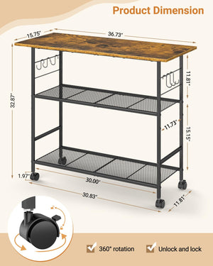 3-Tier Rolling Kitchen Island Cart with Lockable Wheels