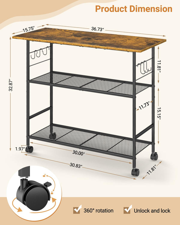 3-Tier Rolling Kitchen Island Cart with Lockable Wheels
