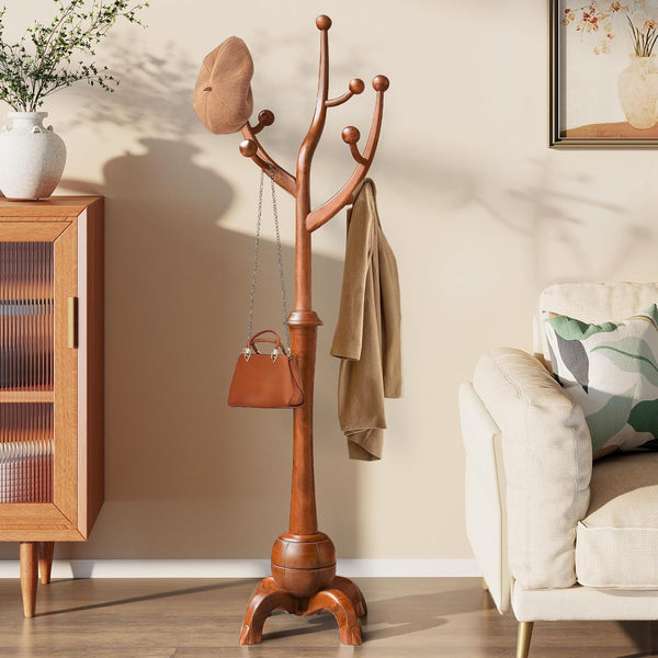 Wooden Coat Rack Freestanding with 8 Hooks