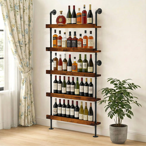 5-Tier Wall Mounted Wine Rack with Industrial Pipe Bar Shelves