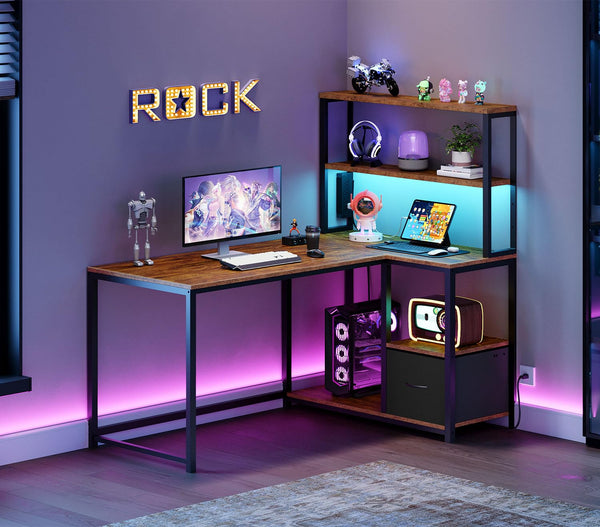 L-Shaped Gaming Desk with LED Light, Power Outlet & Storage Shelves, 46"