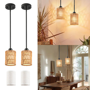Rattan Boho Pendant Light with Linen Shade & Iron Rods | Adjustable Height