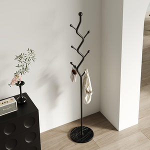 Freestanding Tree Branch Coat Rack with Marble Base & 6 Hooks
