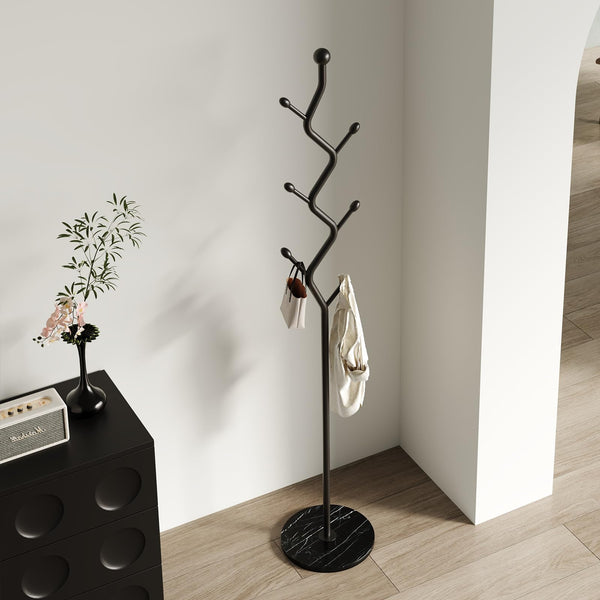 Freestanding Tree Branch Coat Rack with Marble Base & 6 Hooks