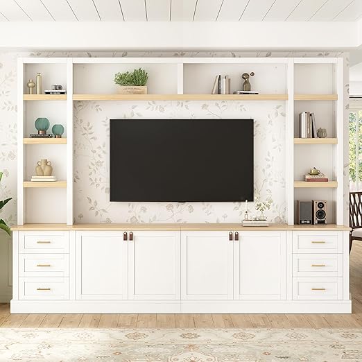 102.3" Farmhouse 4-Piece Entertainment Center with Drawers & Adjustable Shelves