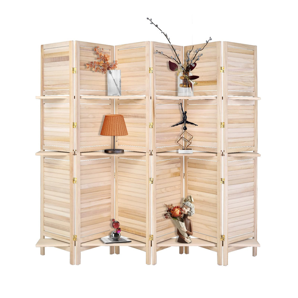 6-Panel Wood Room Divider with Shelves – 71" Tall Folding Privacy Screen