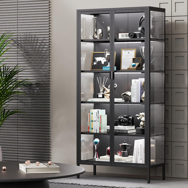 Glass Display Cabinet with LED Sensor Light, 5-Tier Curio Cabinet with Adjustable Shelves