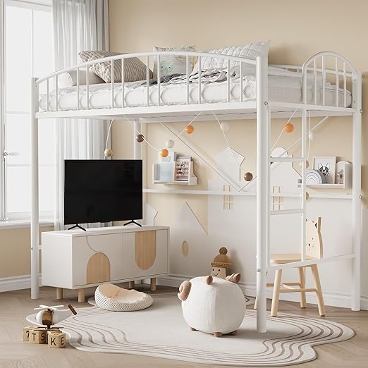Twin Metal Loft Bed Frame with Guardrail and Safety Ladder