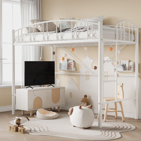 Twin Size Metal Loft Bed with Ladder and Guardrail