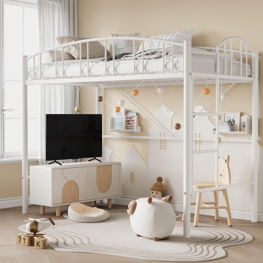 Metal Loft Bed Twin Size with Guardrail & Ladder