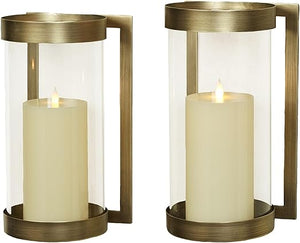 Satin Brass Metal Wall Sconce Pair with Glass Hurricane Candleholders