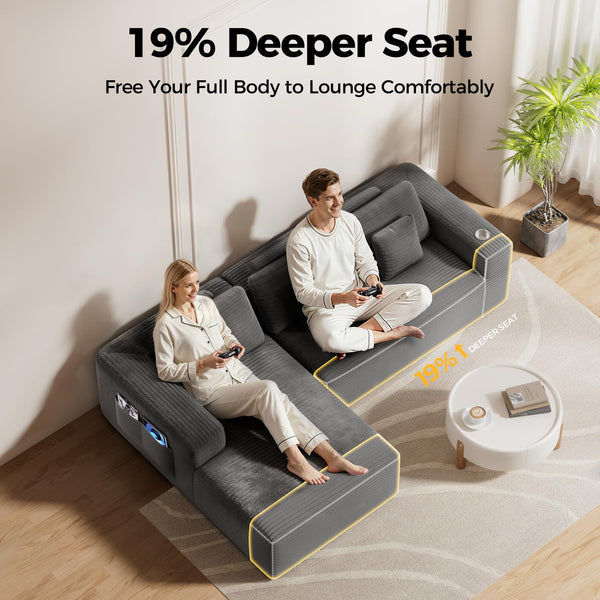 108" L-Shaped Sectional Sofa with Deep Seat & Storage Pockets