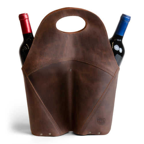 Double Wine Bottle Carrier – Full Grain Leather Tote Bag