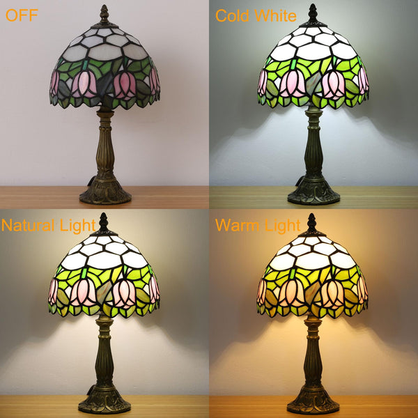 Tiffany Style Stained Glass Table Lamp with Pink Tulip Pattern
