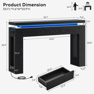 Console Table with LED Lights, Charging Station & Storage Drawers