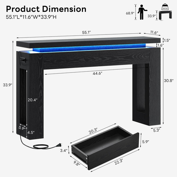 Console Table with LED Lights, Charging Station & Storage Drawers