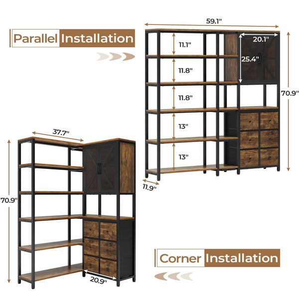 L-Shaped Corner Bookshelf with Fabric Drawers, 6-Tier