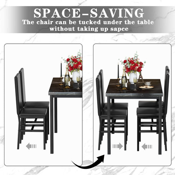 5-Piece Faux Marble Dining Table Set with 4 PU Leather Chairs