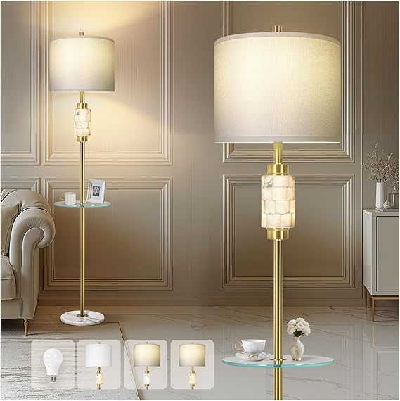 Gold Marble Base Floor Lamp with Night Light & Linen Shade