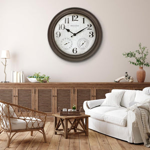 26" Indoor Outdoor Farmhouse Wall Clock with Thermometer & Hygrometer