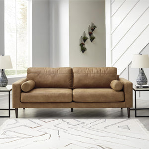 Faux Leather Sofa with Bolster Pillows & Wood Accent Legs, Dark Brown