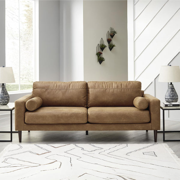 Faux Leather Sofa with Bolster Pillows & Wood Accent Legs, Dark Brown
