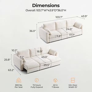 103" Electric Pull-Out Sleeper Sofa Bed | 2-in-1 Convertible Power Couch Bed