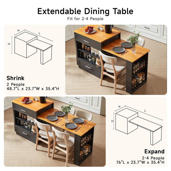 Expandable Kitchen Island with Dining Table & Storage