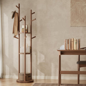 Rotating Wood Coat Rack with 3 Shelves and 9 Hooks